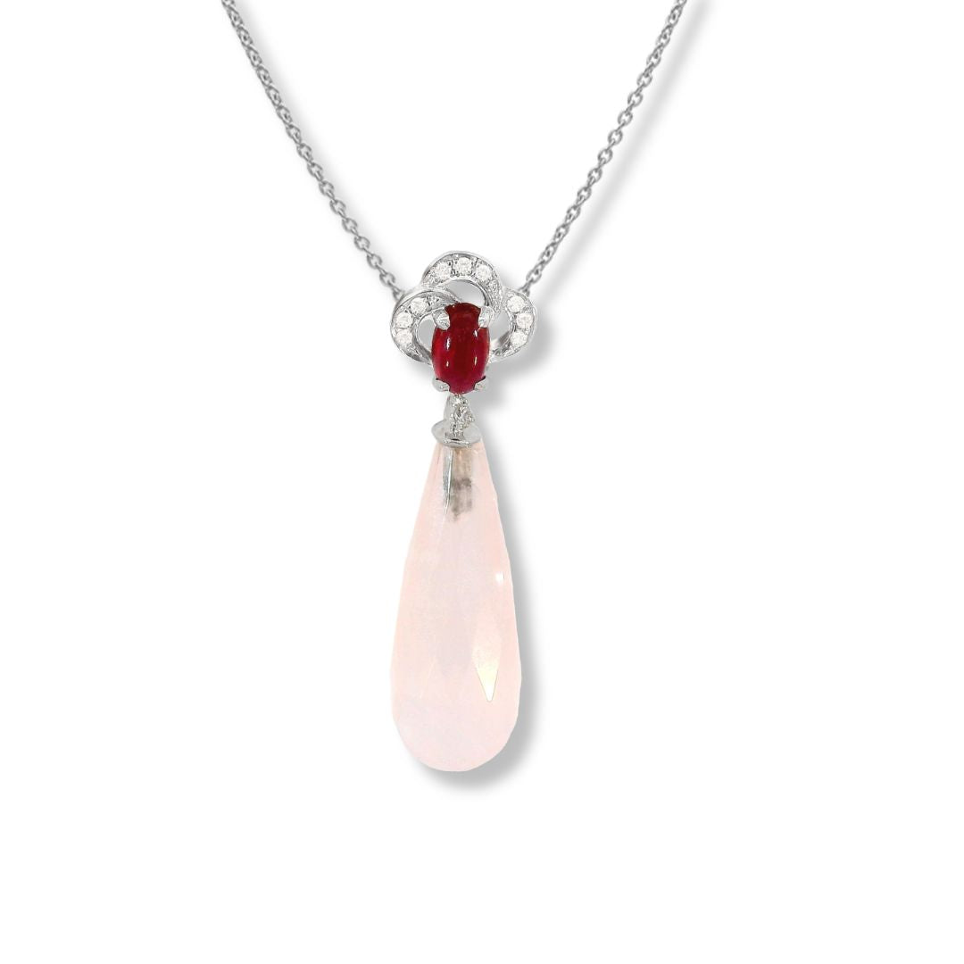 18k Diamond, Ruby and Rose Quartez Necklace
