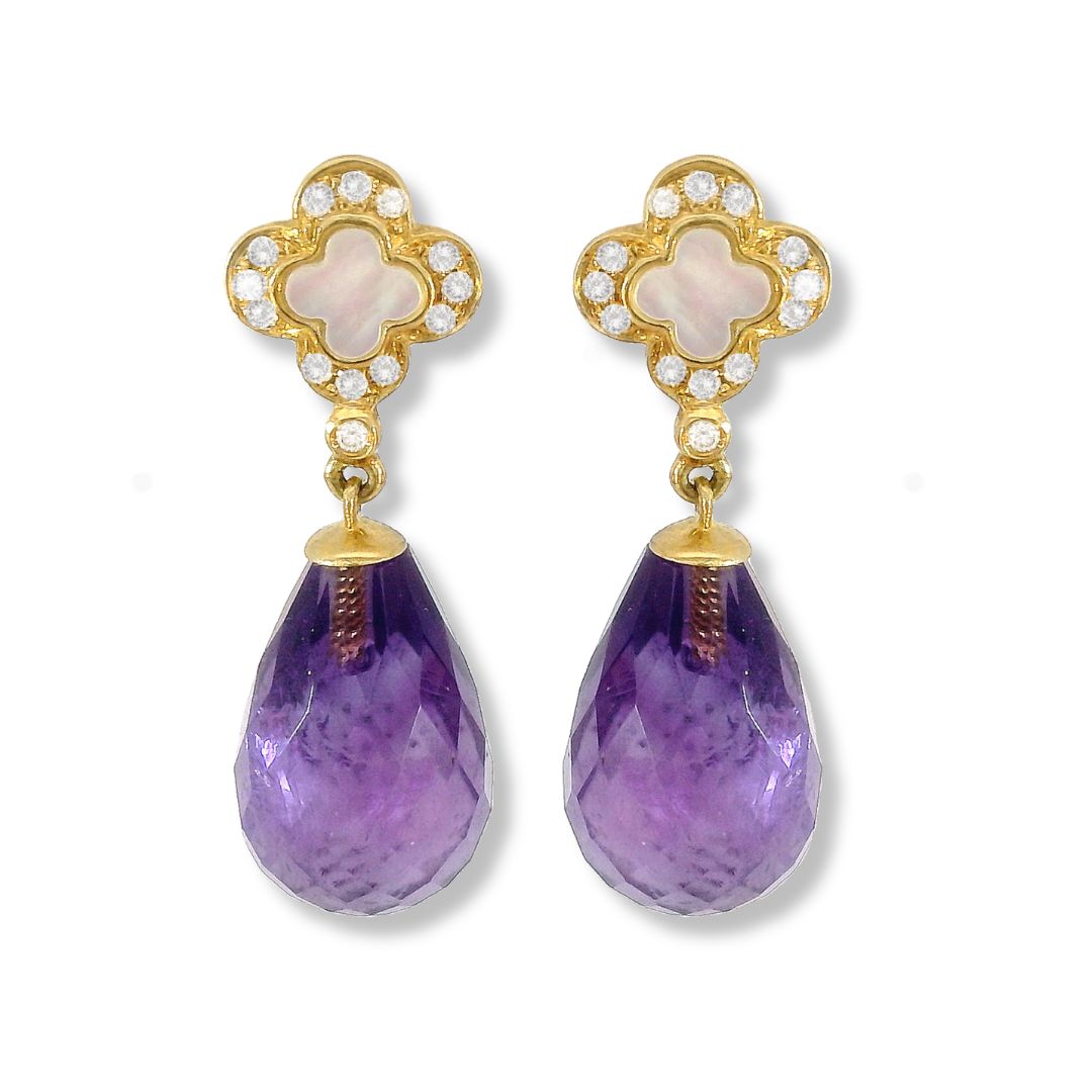 18k Diamond, Mother of Pearls and Amethyst Earrings