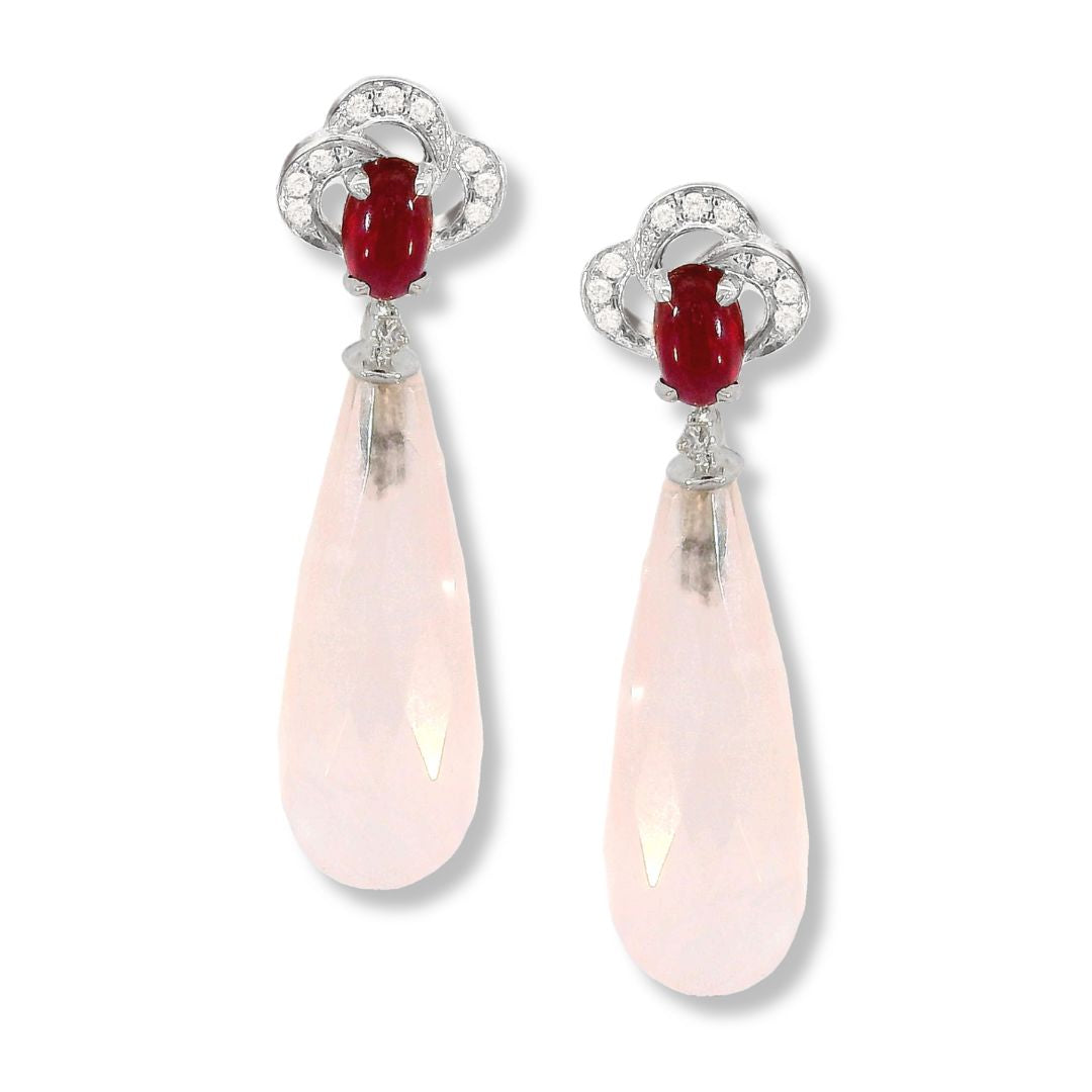18k Diamond, Ruby and Rose Quartez Earrings