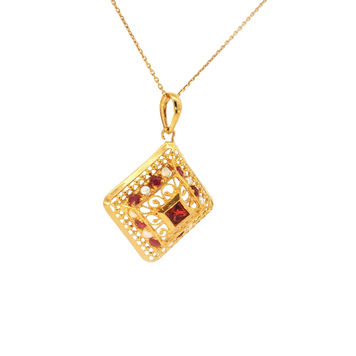 21k Necklace with Natural Bahraini Pearls and Rubies