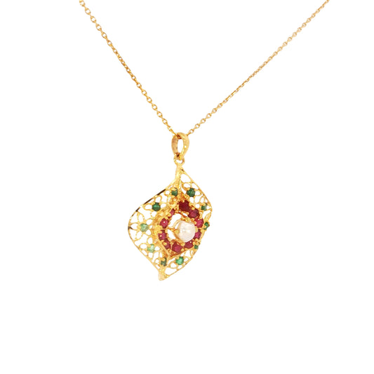 21k Yellow Gold Charm Necklace with Round Bahraini Pearl Pendant