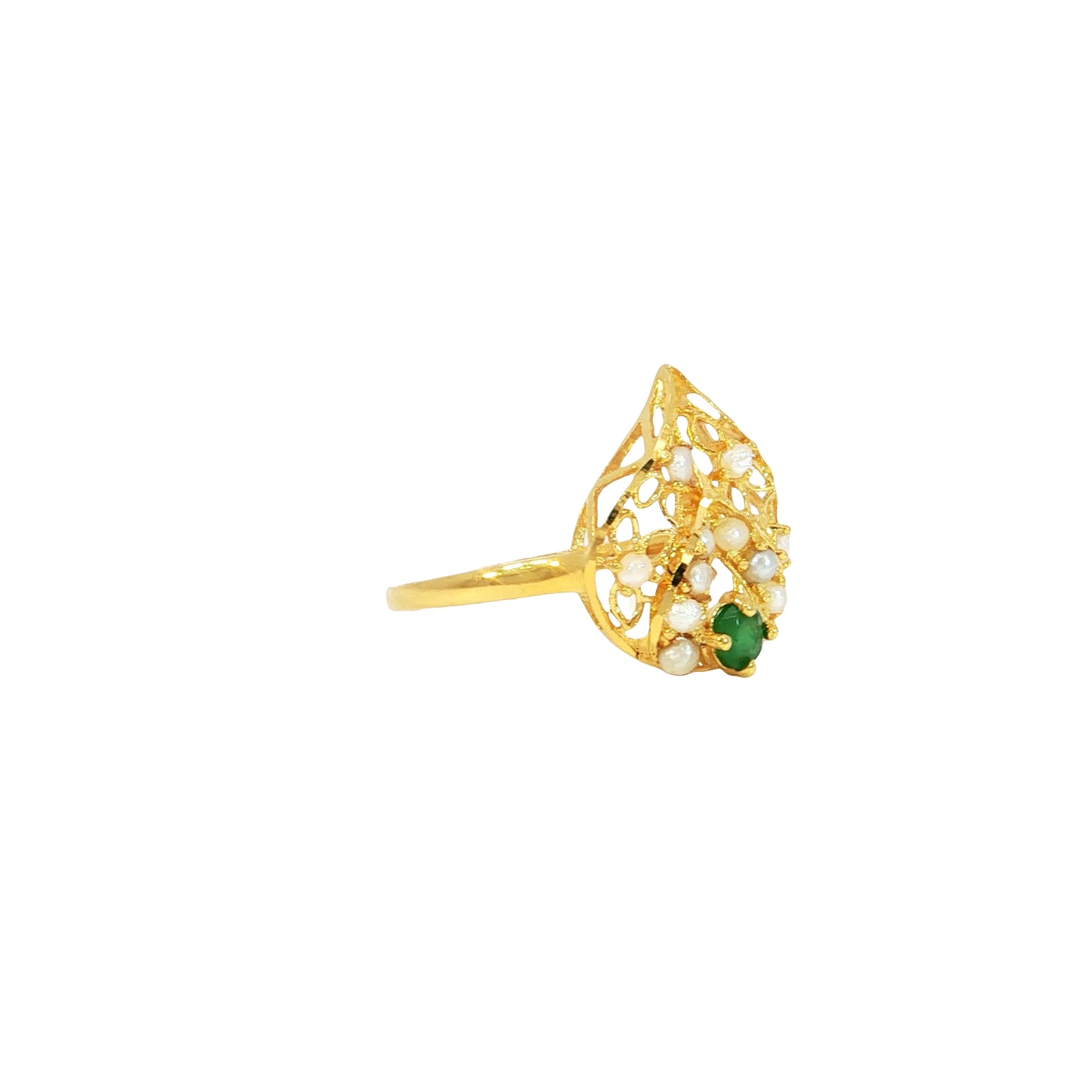 21k Yellow Gold Ring with Emeralds and Bahraini Pearl