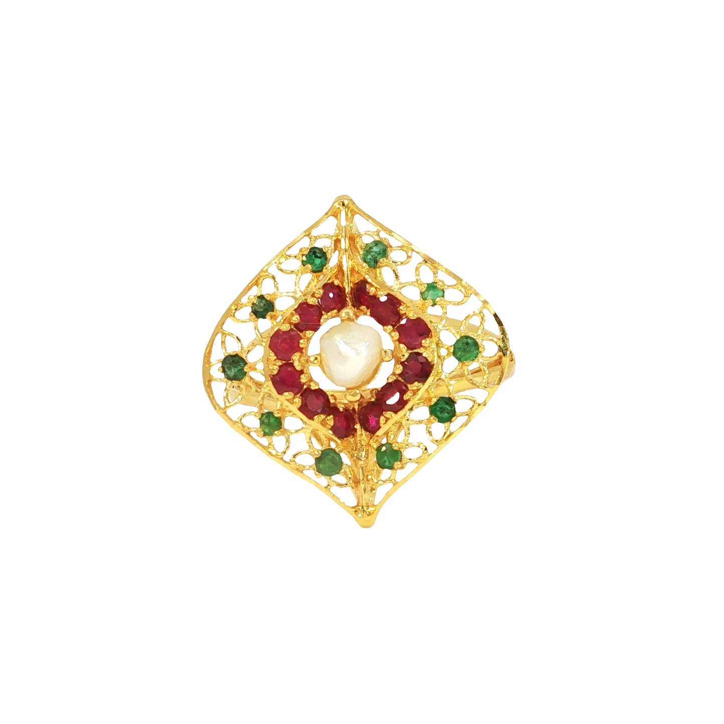 21k Yellow Gold Ring with Emeralds, Rubies and Bahraini Pearl