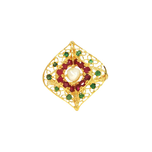 21k Yellow Gold Ring with Emeralds, Rubies and Bahraini Pearl
