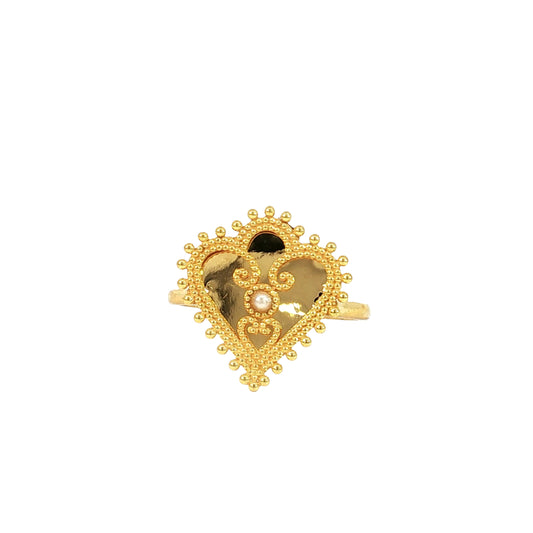 21k Yellow Gold Heart Ring with Round Bahraini Pearl Cabochon