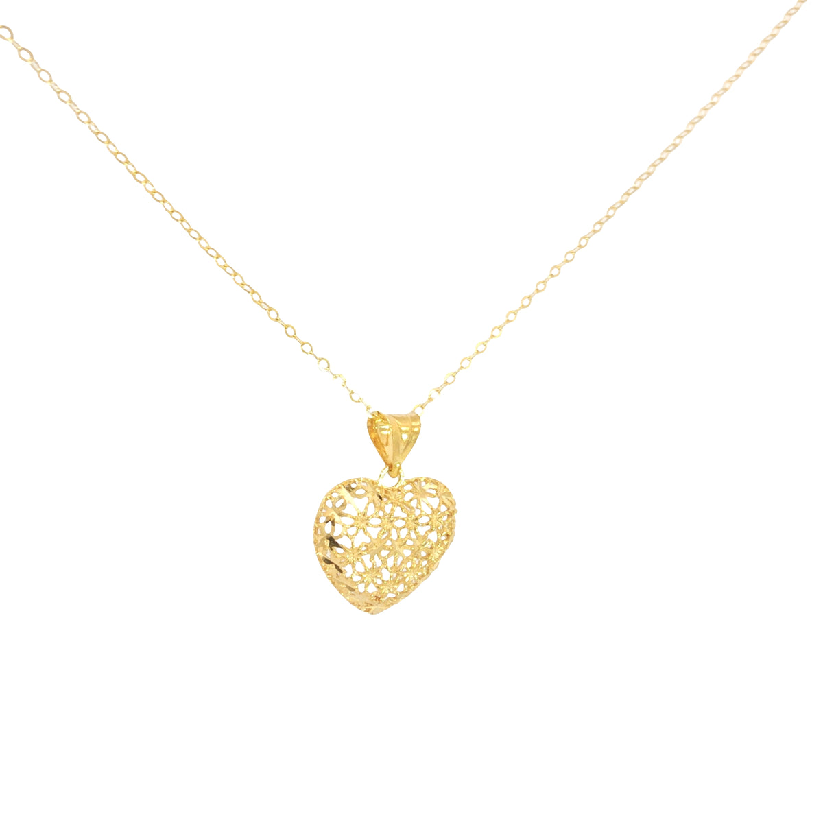 Yellow Gold Filigree Heart Pendant Necklace with Cable Chain