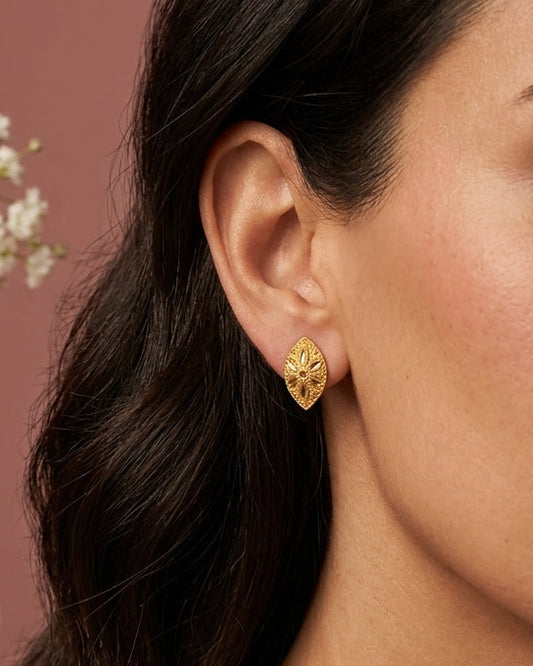 Yellow Gold Marquise Filigree Floral Stud Earrings