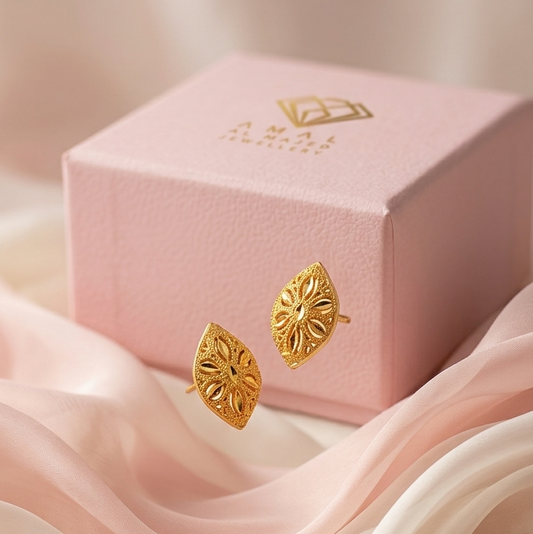 Yellow Gold Marquise Filigree Floral Stud Earrings