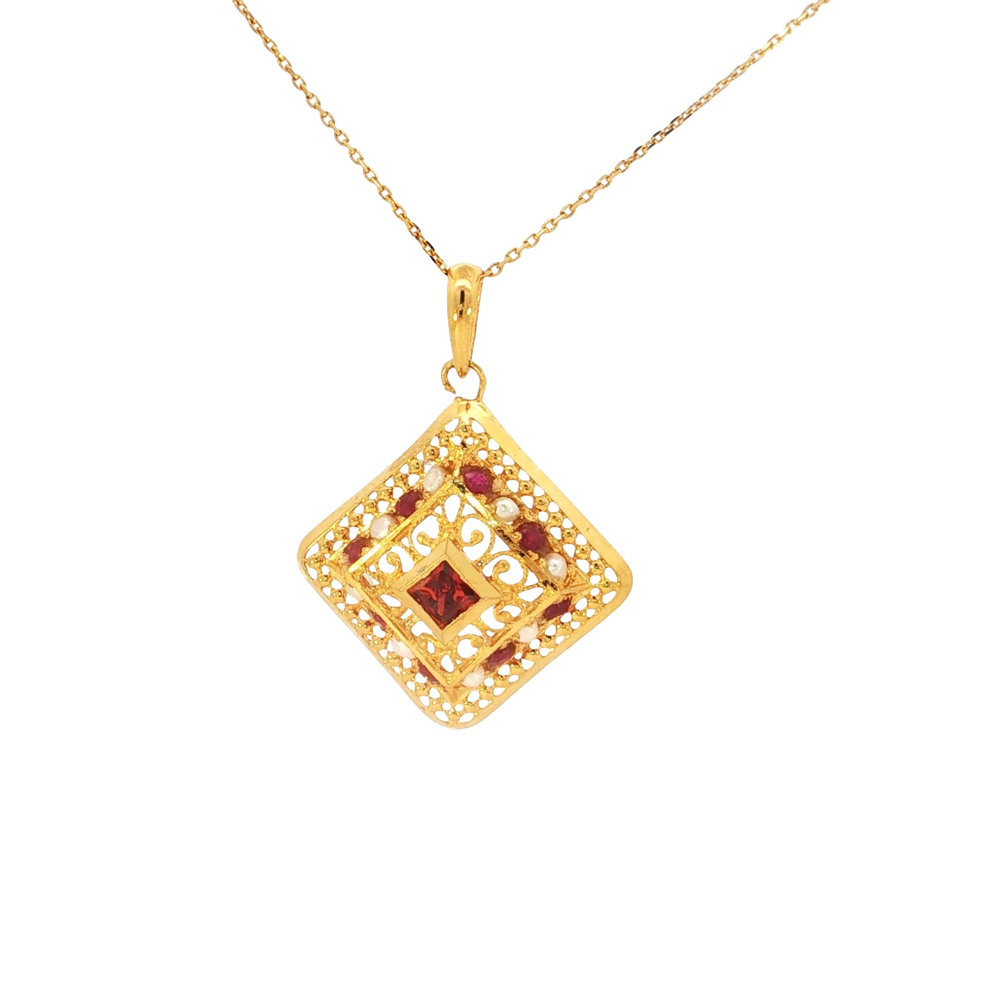 21k Necklace with Natural Bahraini Pearls and Rubies