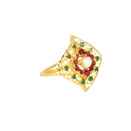 21k Yellow Gold Ring with Emeralds, Rubies and Bahraini Pearl