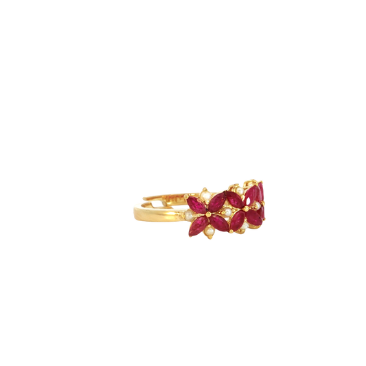 Toleen - Three Flowers Ring with Ruby and Bahraini Pearls