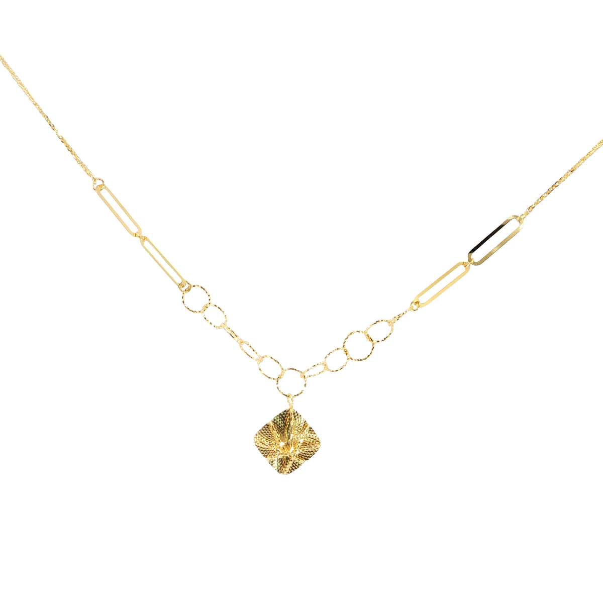 Yellow Gold Geometric Link Chain with Textured Diamond Pendant