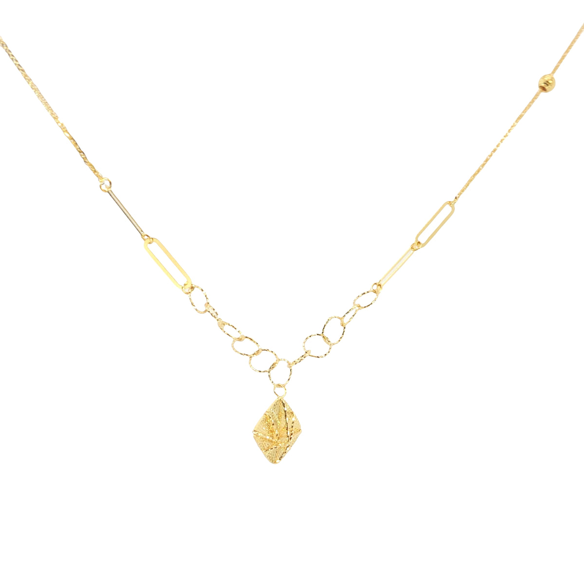 Yellow Gold Geometric Link Chain with Textured Diamond Pendant