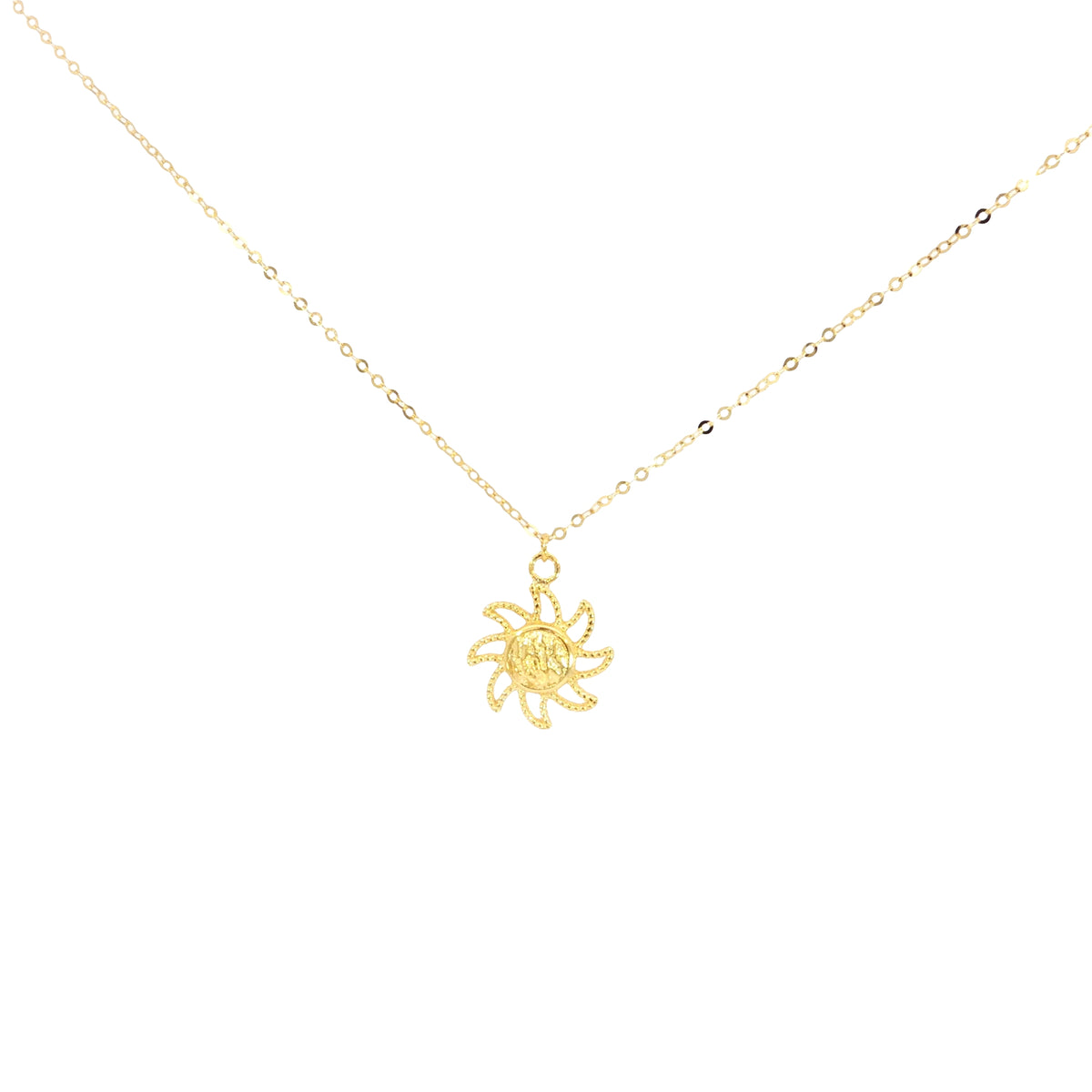 Yellow Gold Sunburst Pendant Necklace on Fine Link Chain