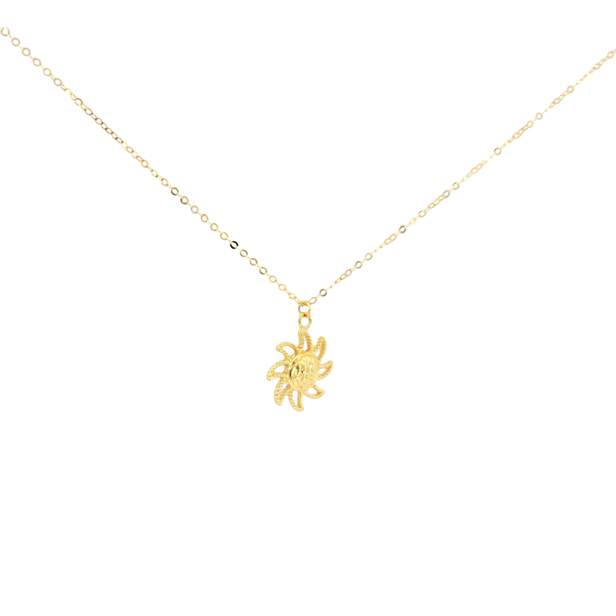 Yellow Gold Sunburst Pendant Necklace on Fine Link Chain
