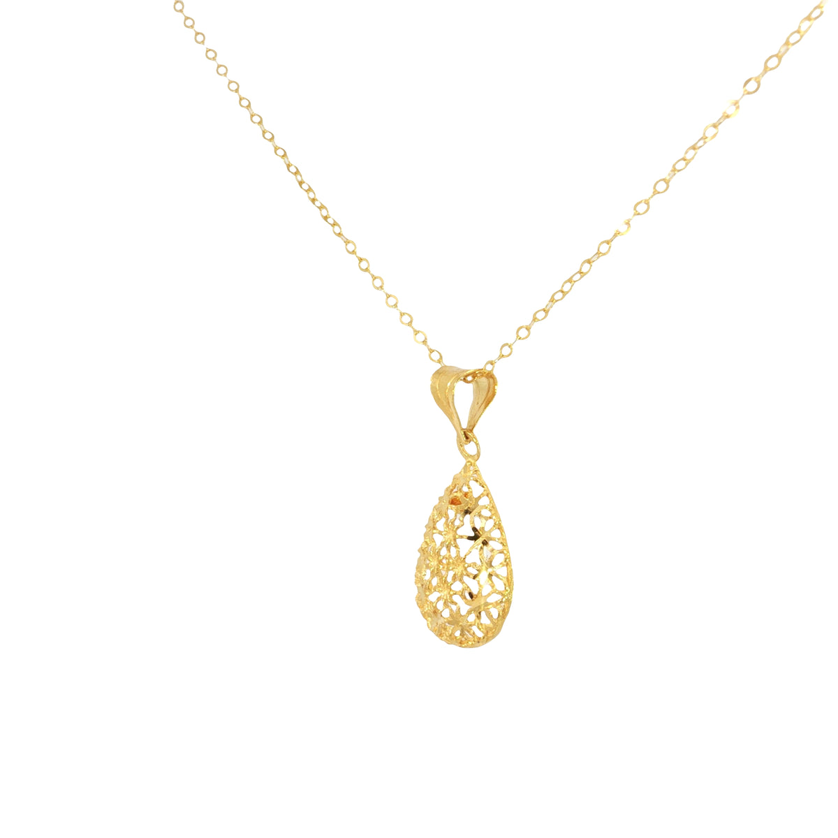 Yellow Gold Filigree Pear Drop Pendant Necklace with Cable Chain