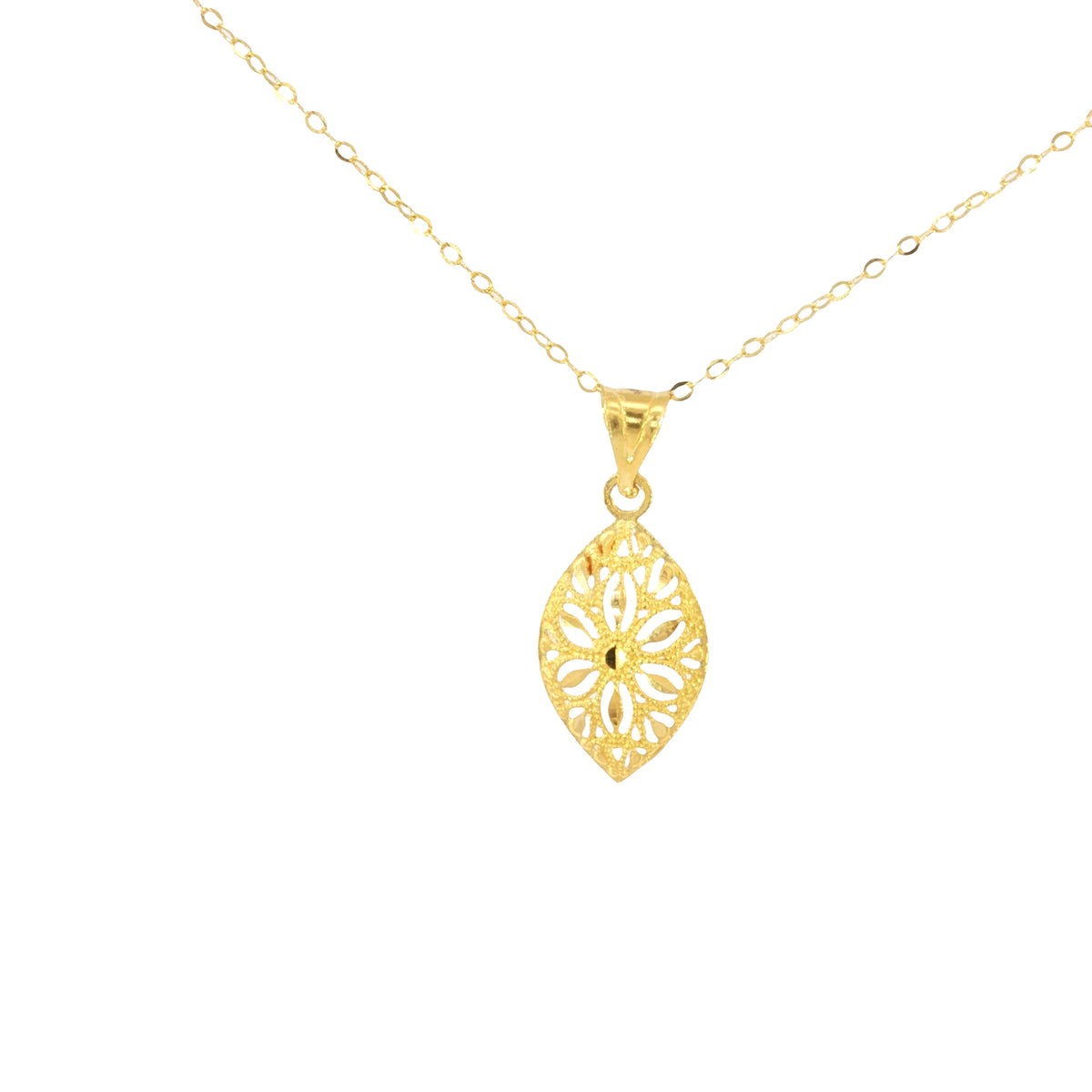 Yellow Gold Filigree Marquise Pendant Necklace with Cable Chain