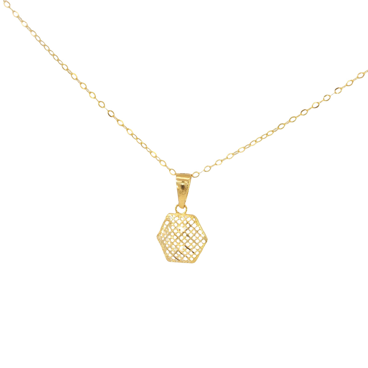 Hexagonal Filigree Lattice Pendant Necklace in Yellow Gold