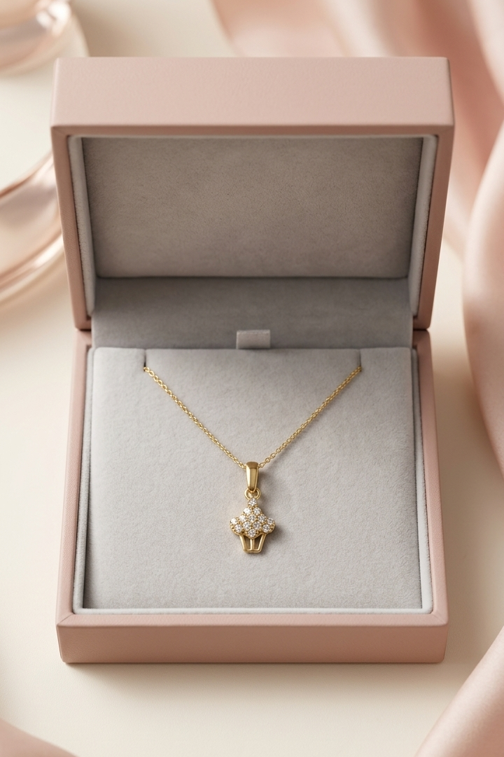 Yellow Gold Cupcake Charm Necklace with Cubic Zirconia, product photo 2