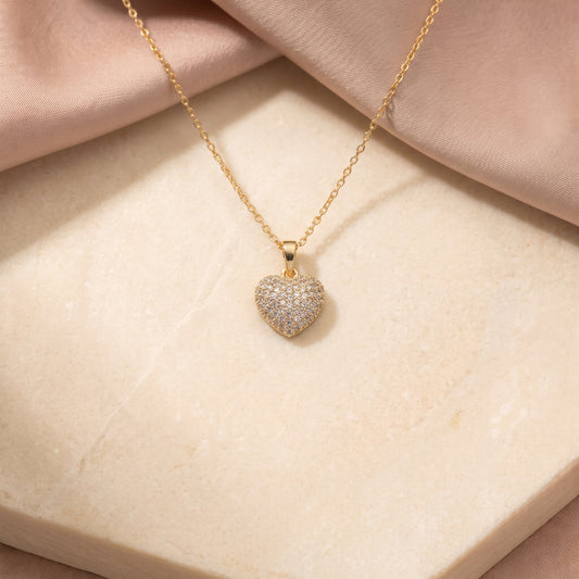 Yellow Gold Heart Charm Necklace with Pavé Cubic Zirconia, product photo 1