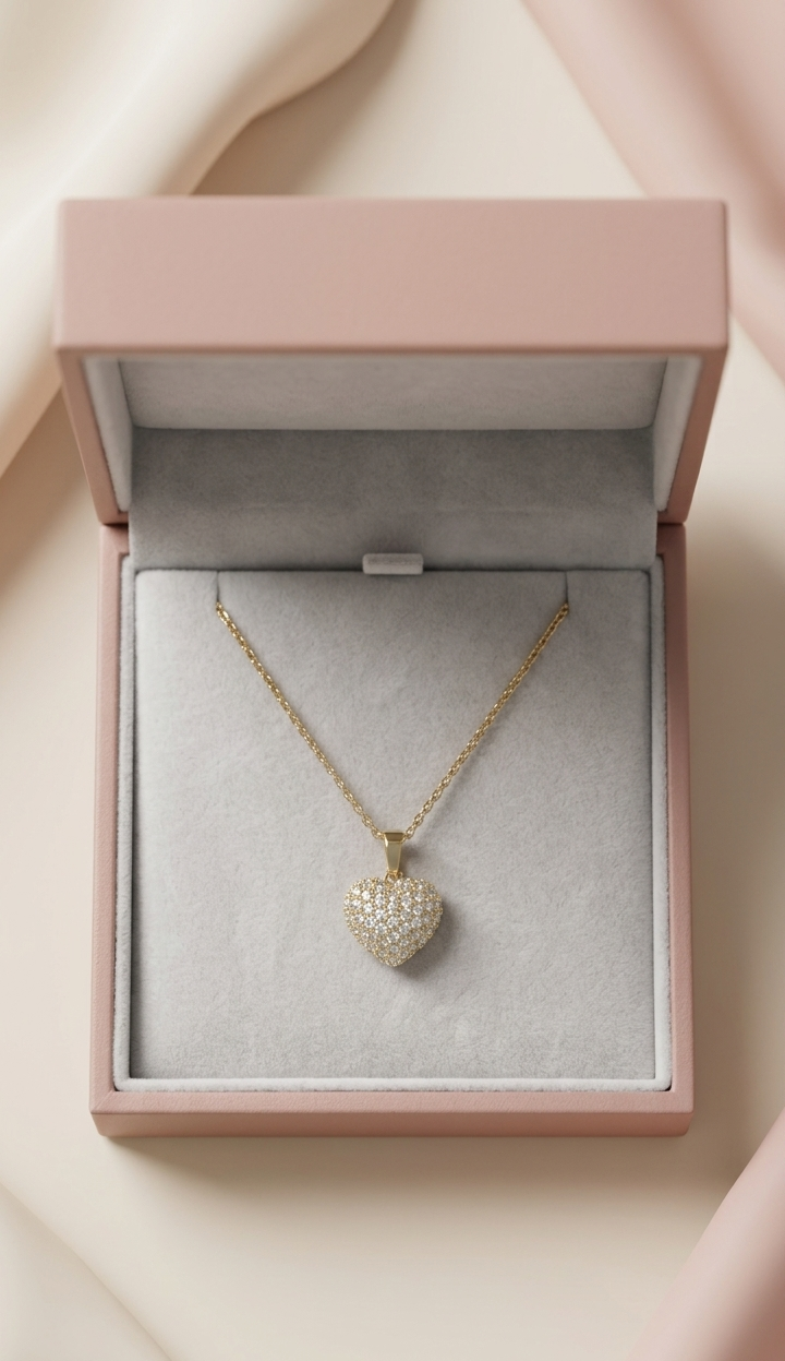 Yellow Gold Heart Charm Necklace with Pavé Cubic Zirconia, product photo 3
